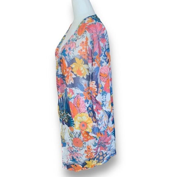 Kimono Swim Coverup Sheer Colorful White Blue Floral Print Open Front Small - Picture 5 of 10